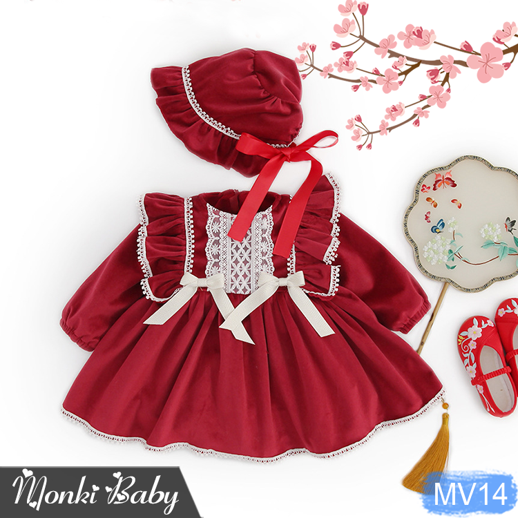 Váy nhung lót lông bé gái dáng babydoll kèm mũ tiểu thư dễ thương, đầm mặc Tết, sinh nhật, sự kiện, chất siêu đẹp | MV14