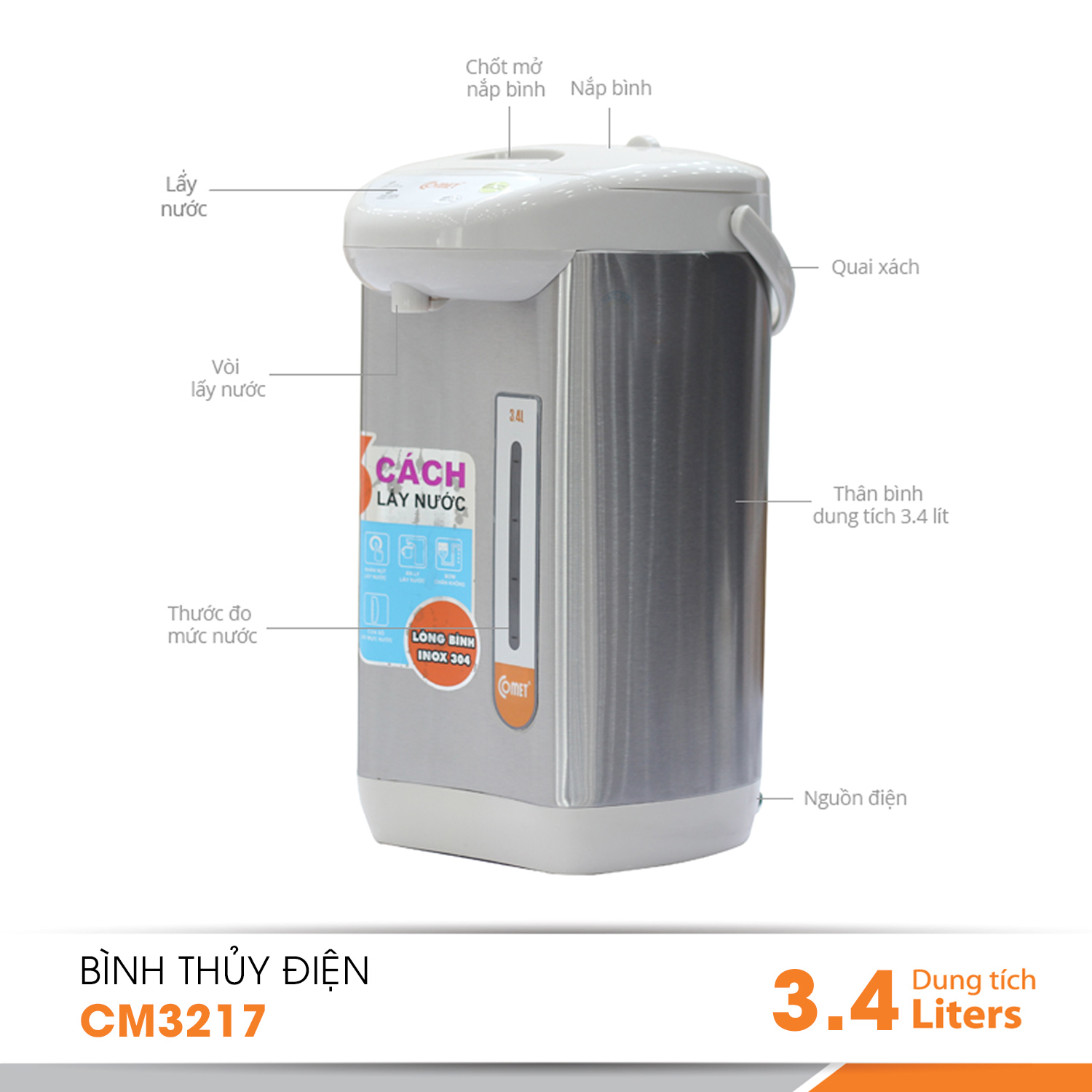 Bình thủy điện thép không gỉ Comet CM3217 3.4 Lít (Bạc) - Hàng Chính Hãng