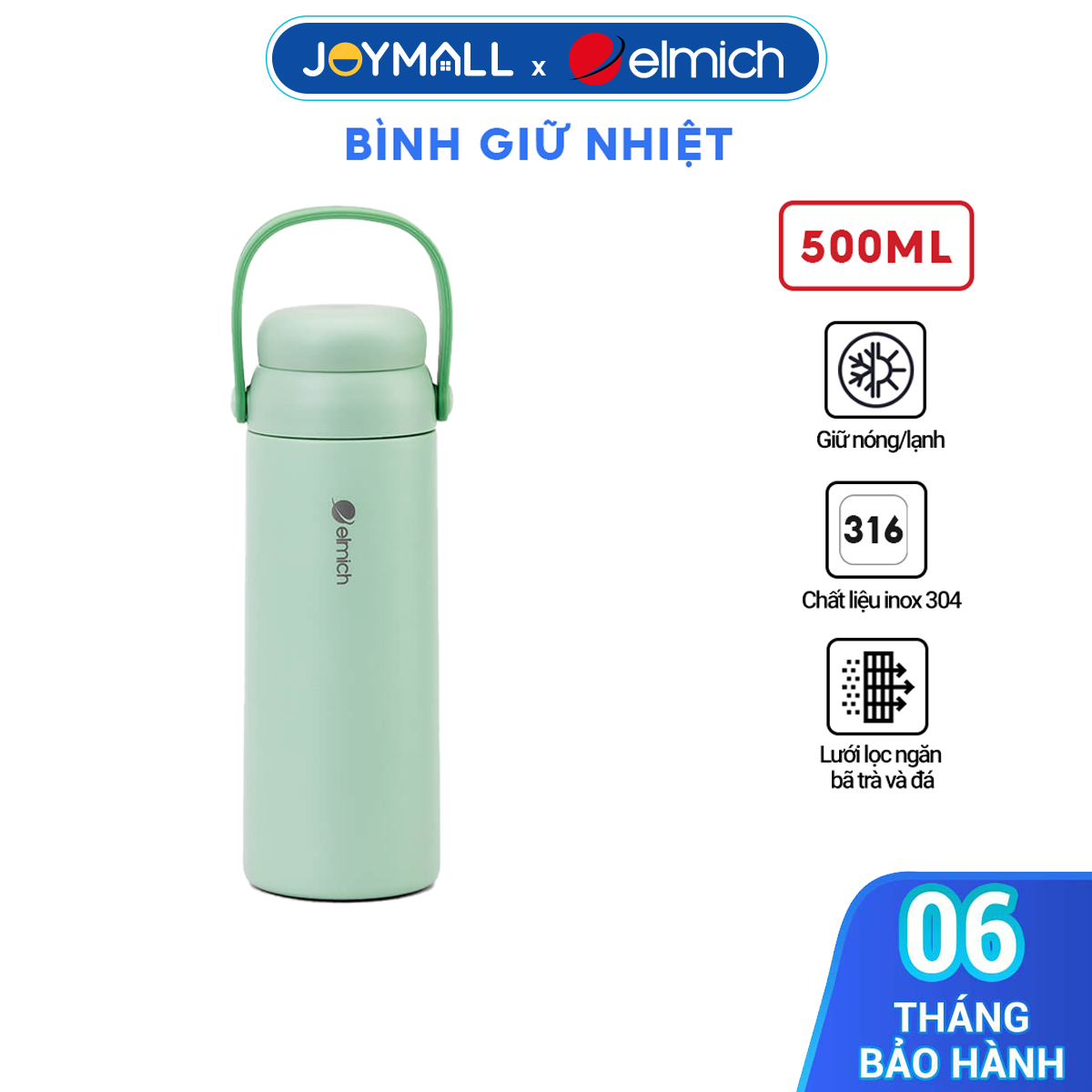 Bình Giữ Nhiệt Inox 316 Elmich EL8330 500ml, Hàng Chính Hãng, Có Lưới Lọc Trà, Cấu Tạo 2 Nắp-JoyMall