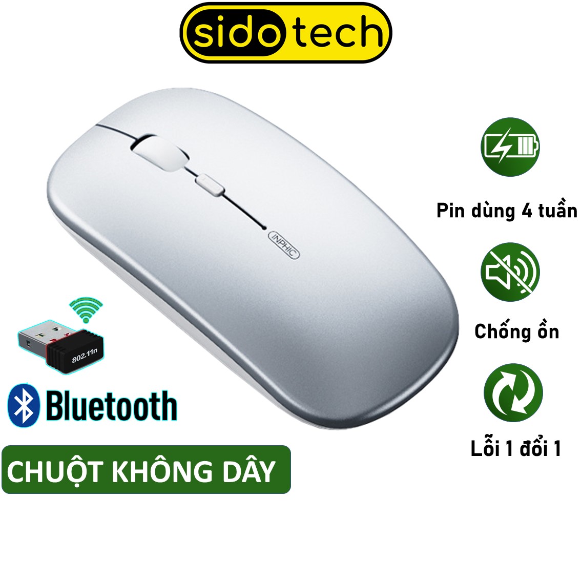 Chuột Không Dây Bluetooth Sidotech M1P Sạc Pin Không Tiếng Ồn - Hàng Chính Hãng