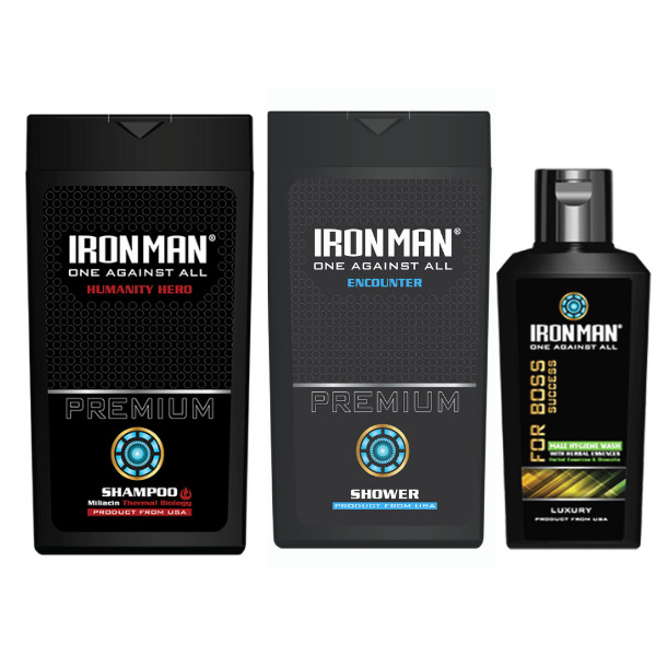 Dầu gội hương nước hoa nam Ironman Humanity Hero 380g + Sữa tắm dành cho da nhờn mụn Ironman Encounter 380g + Dung dịch vệ sinh nam Tinh chất thảo dược Ironman for Boss 120g