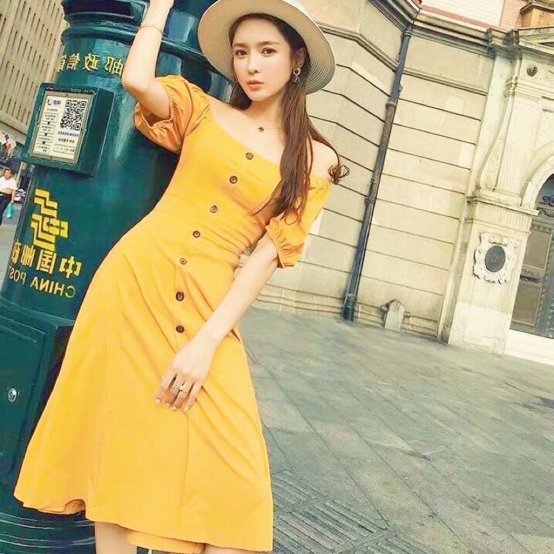 Đầm Dài Vàng Tay Bo