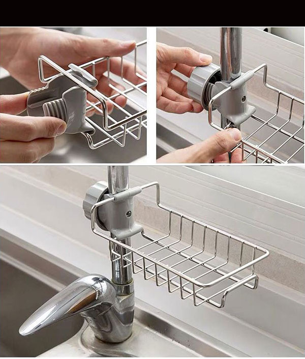 Kệ Inox Đựng Xà Phòng Đồ Rửa Chén Nút Vặn Thân Ống Nước Chắc Chắn