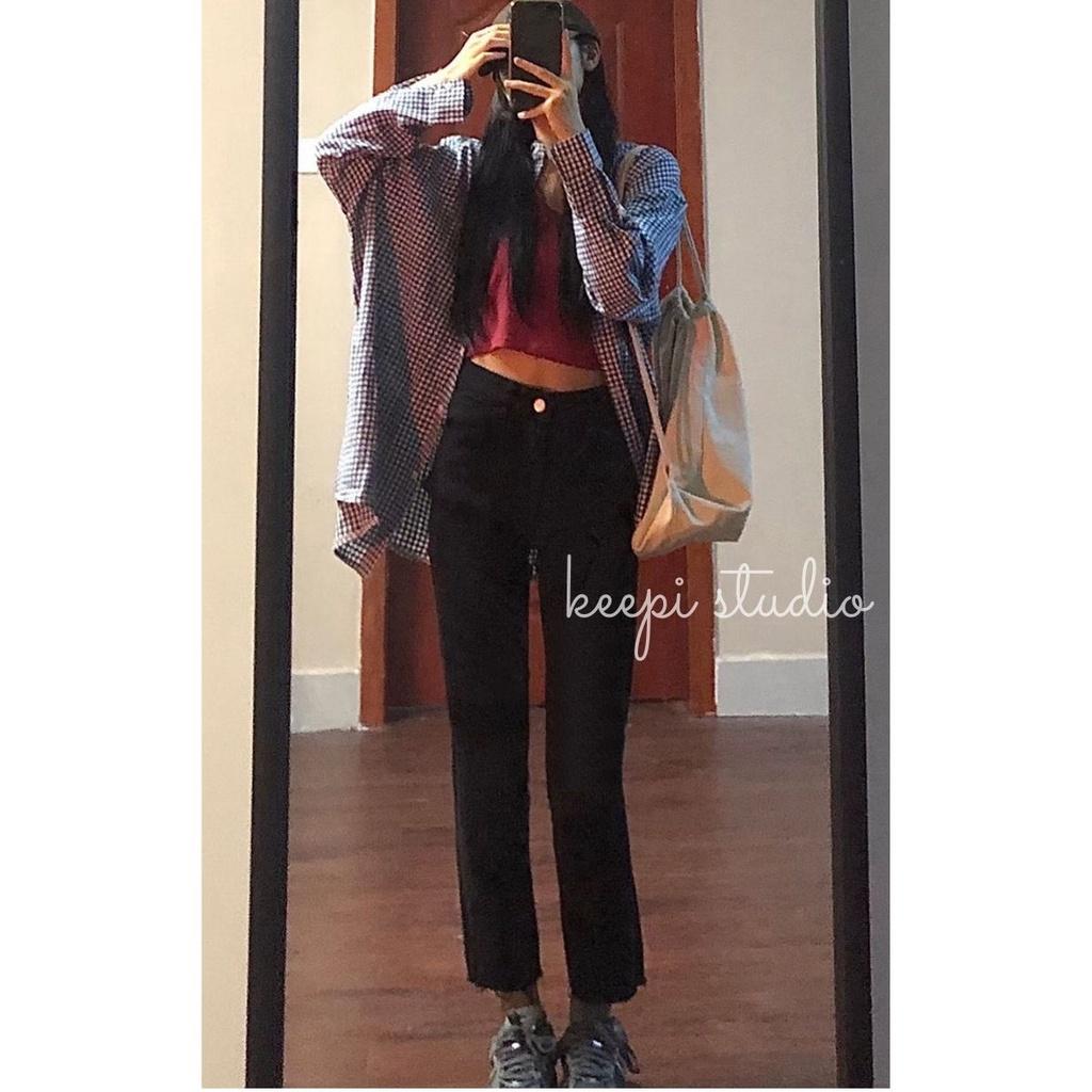 Quần Jeans Nữ Đứng Đen Co Giãn Hàn Quốc KEEPI Quần Kaki Lưng Cao Ống Suông