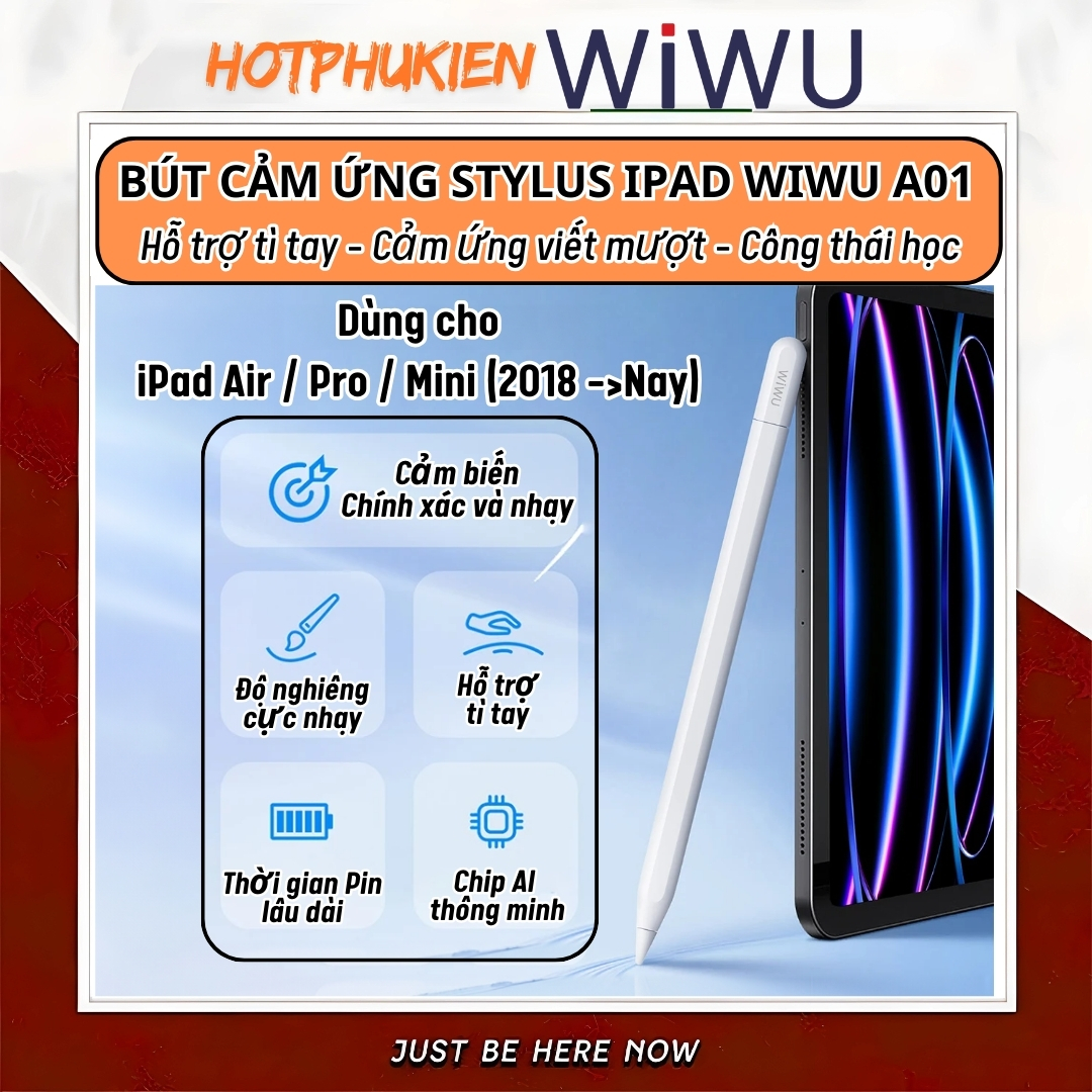 Bút cảm ứng cảm biến nghiêng chống tì tay sạc nam châm WIWU Stylus A01 cho iPad Pro Air Mini đời 2018 trở lên Gen 7 8 9 10 10.9 11 12.9 13 Mini 6 M1 M2 M3 M4 - Hàng nhập khẩu