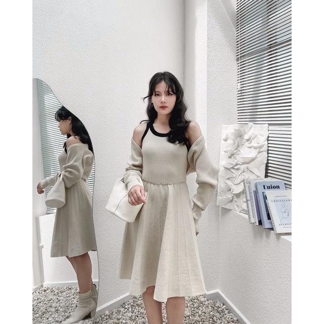 Set váy len nữ 2 dây khoác tay áo ngoài b877804 by germe