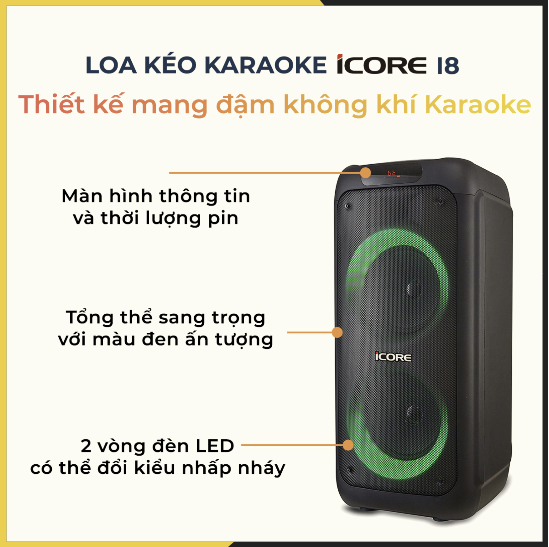 Loa Karaoke iCore i8. Loa xách tay có đèn chớp tắt. Kèm 2 Micro UHF kim loại cao cấp - Hàng Chính Hãng