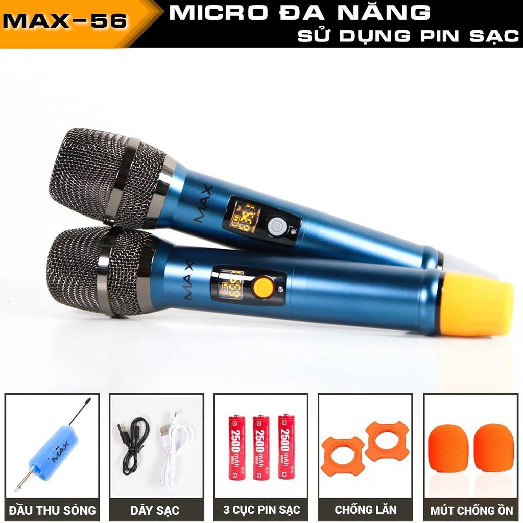 Bộ 2 Micro không dây đa năng Max 56 - Hút âm tốt Hạn chế hú rít - Micro karaoke - BH 1 NĂM