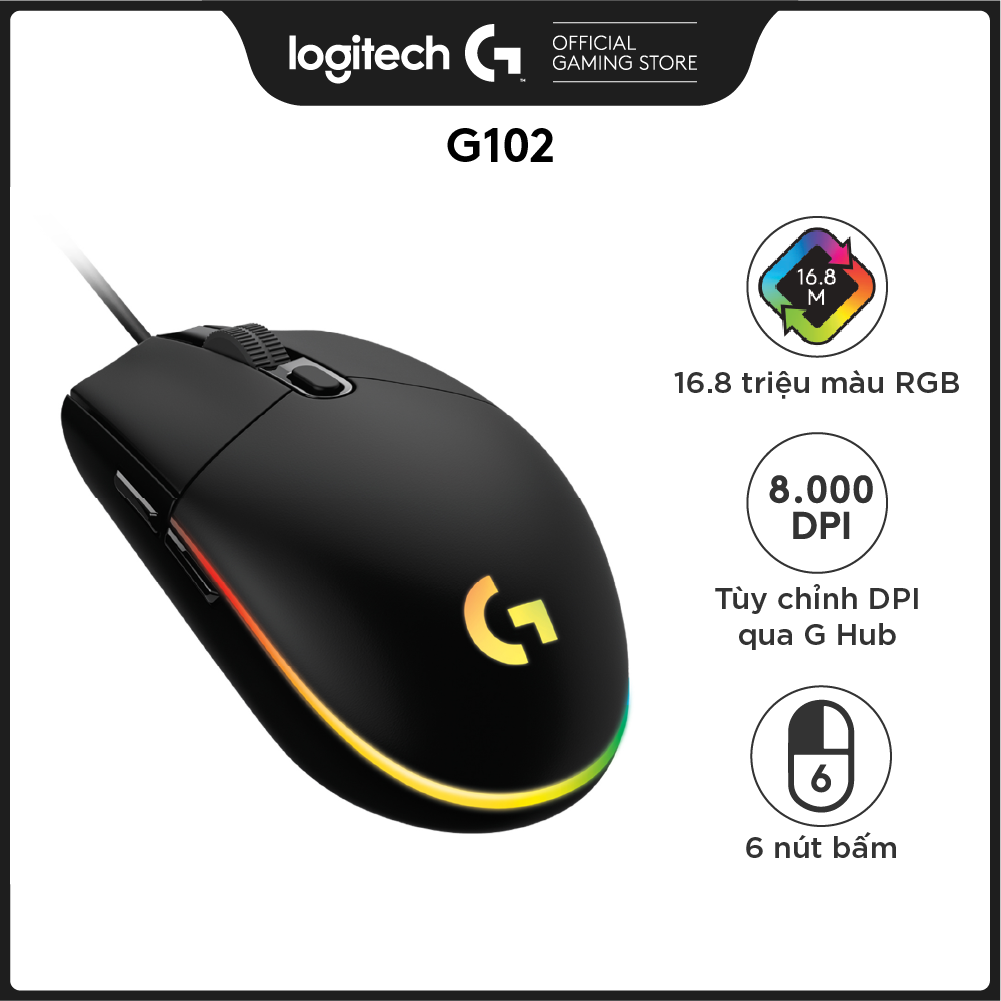 Chuột game có dây Logitech G102 Lightsync - Tùy chỉnh RGB, 6 nút lập trình, nhẹ, 8000 DPI, PC/Mac - Hàng Chính Hãng