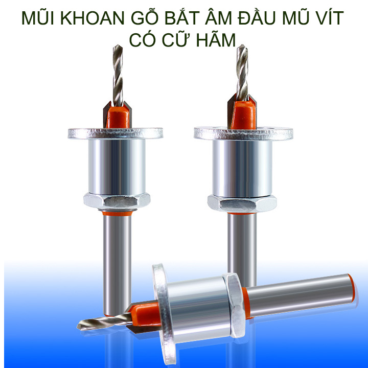 Mũi khoan gỗ bắt âm đầu mũ vít, loại có cữ hãm, đầu âm 8mm, nhiều kích cỡ cho khách lựa chọn
