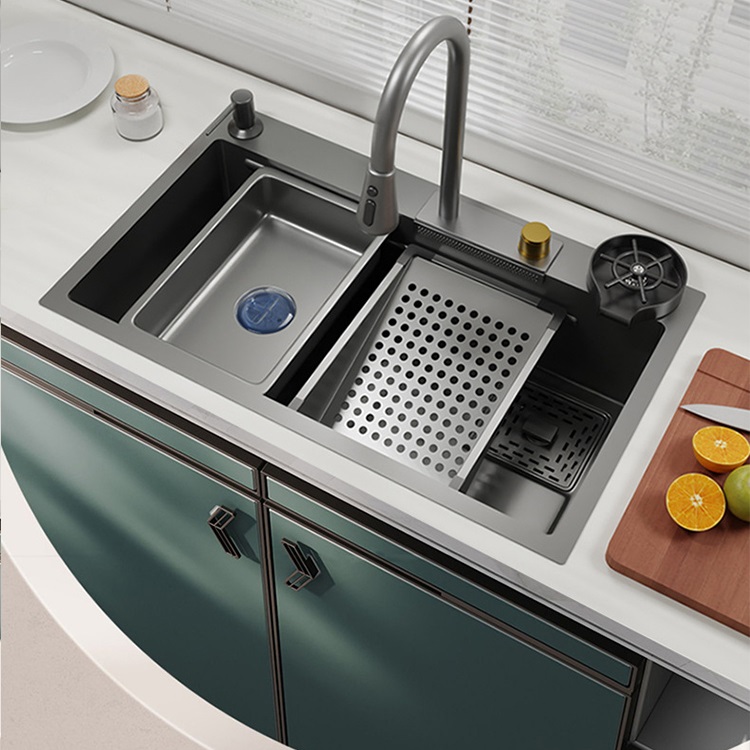 Bồn chậu rửa chén bát 1 hố lớn nano xám Valenza kèm vòi liền thác nước + vòi rút dây 3 chế độ, 2 khay phụ inox, thớt gỗ, bộ xả to-Hàng chính hãng