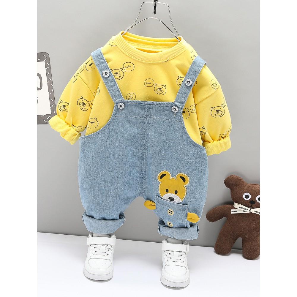 Set yếm jean túi gấu + áo dài tay họa tiết gấu con cho bé