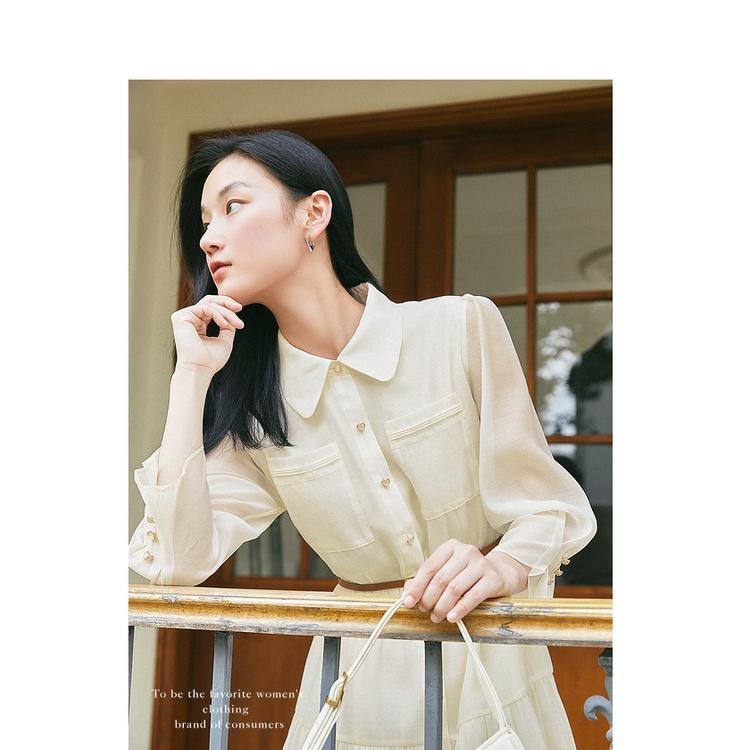 Đầm xòe cổ sơ mi công sở tay phồng Quyên DN003, kiểu dáng hàn quốc thanh lịch