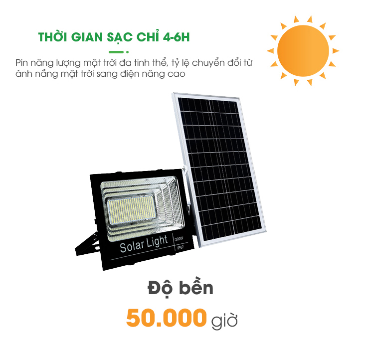 Đèn pha năng lượng mặt trời cao cấp 200w sáng liên tục trên 12 tiếng, gía tốt
