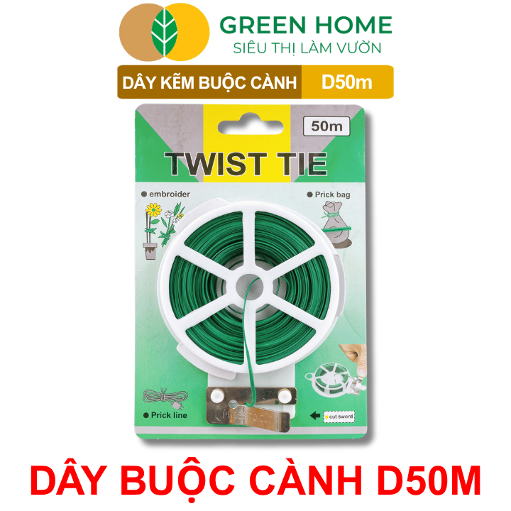 Dây Buộc Cành GreenHome, Dài 50m, Kẽm Bọc Nhựa, Tích Hợp Đầu Cắt Tiện Lợi, Cố Định Thân Cây, Làm Giàn Leo - 1 CUỘN DÂY BUỘC 50M