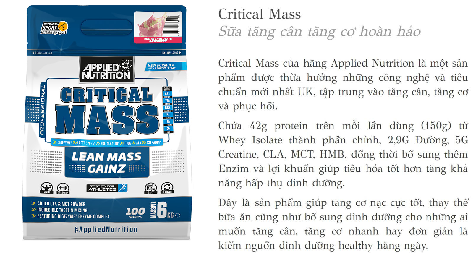 Sữa tăng cân tăng cơ Critical Mass vị vani Applied Nutrition 2,4kg và bình lắc