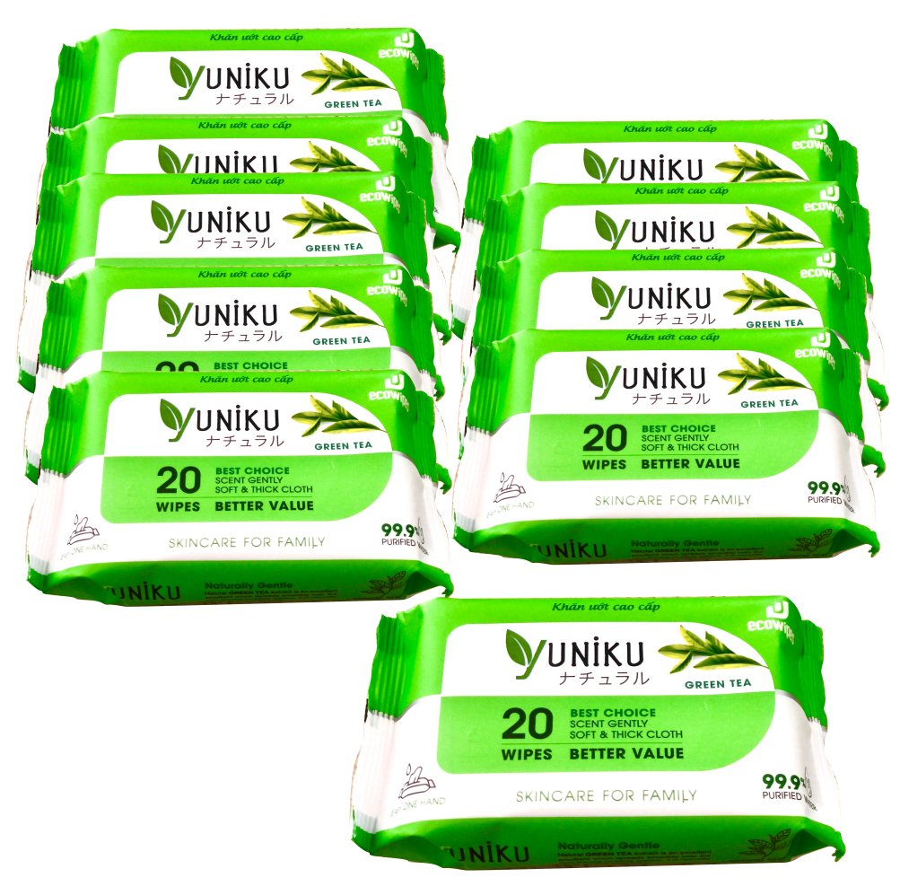 Combo 10 Gói Khăn Ướt Yuniku 20 Tờ Hương Trà Xanh