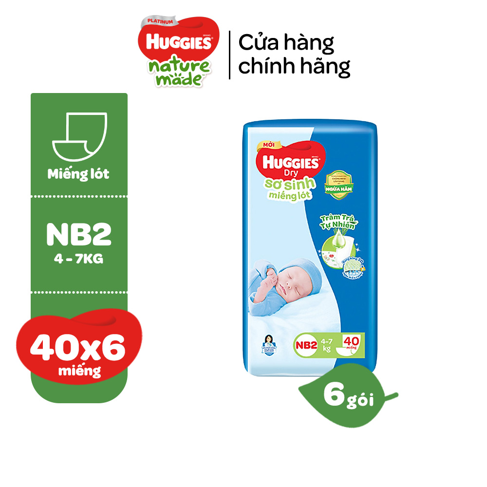 Thùng 6 gói Miếng lót sơ sinh Huggies Tràm Trà Newborn 2 (4-7kg) - N40 Gói 40 miếng