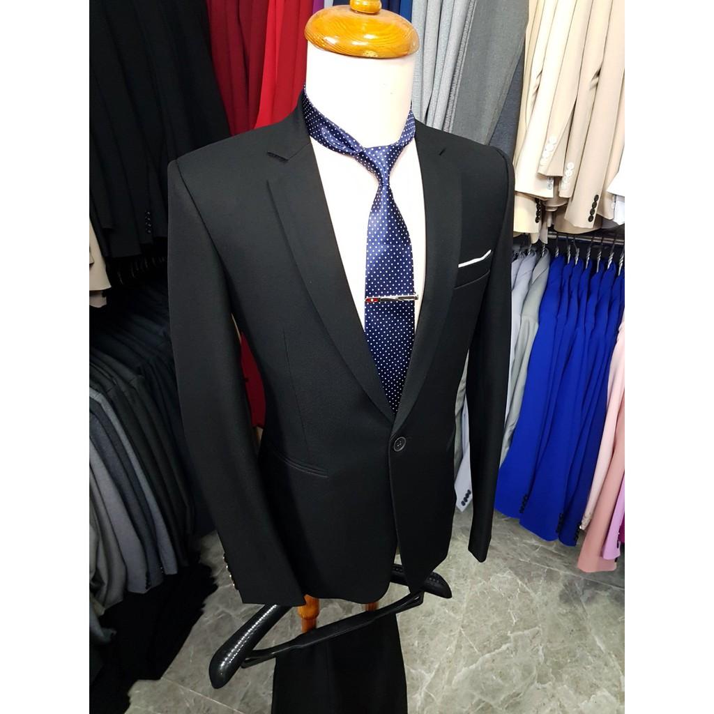 Bộ vest nam màu đen form ôm chất liệu vải bố cực dày mịn