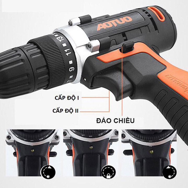 Bộ Máy Khoan Vặn Vít Không Dây Aotuo 12V 2 Chiều- Dùng Sạc