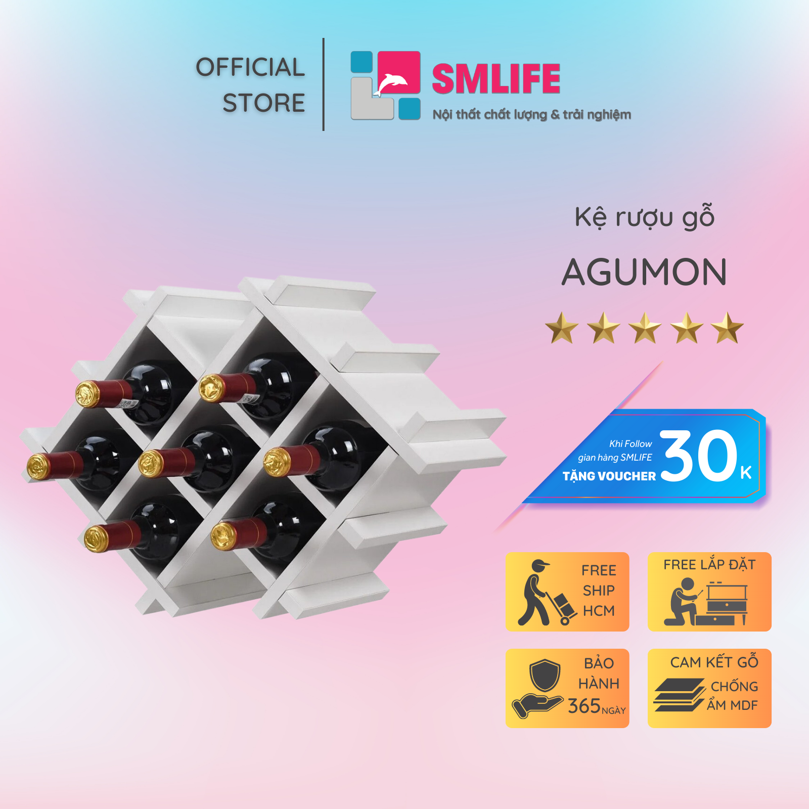 Kệ rượu gỗ hiện đại SMLIFE Agumon  | Gỗ MDF dày 17mm chống ẩm | D37xR25xC37cm