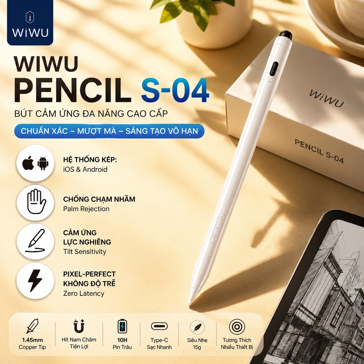 Bút cảm ứng đa năng cho iPhone iPad Androids hỗ trợ tì tay không độ trễ WIWU Pencil S-04 - Cảm ứng lực nghiêng cao cấp, Hệ Thống Kép iOS Android, Magnetic | Pixel Perfect | Sạc Type-C - Hàng nhập khẩu