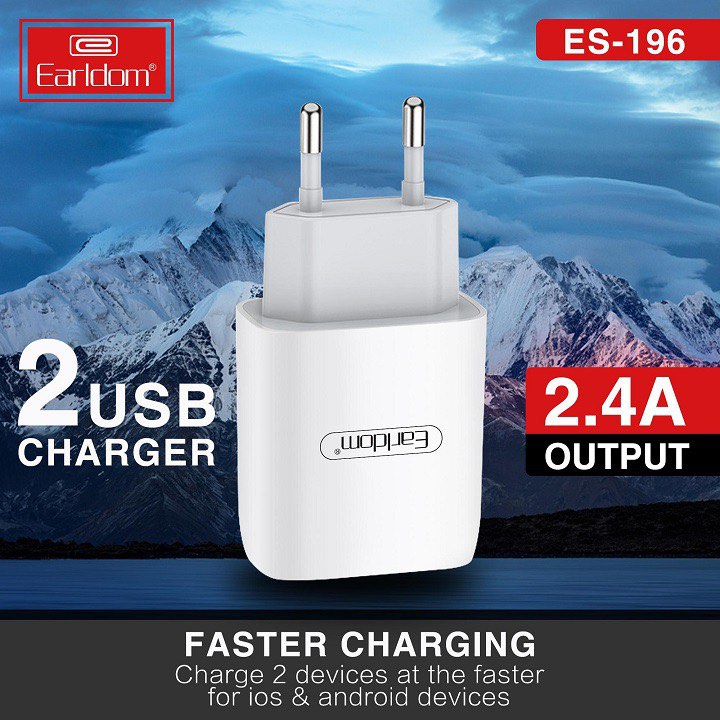 Bộ Sạc 2 cổng Earldom ES-196 - Fast Charge 2.4A Kèm dây cáp chuẩn sạc nhanh Cáp MicroUSB - Cáp Type C - Cáp IP Hàng Nhập Khẩu