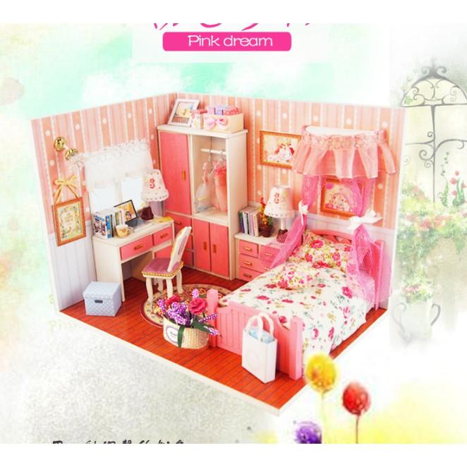 Mô hình nhà búp bê gỗ - phòng ngủ màu hồng Pink Dream