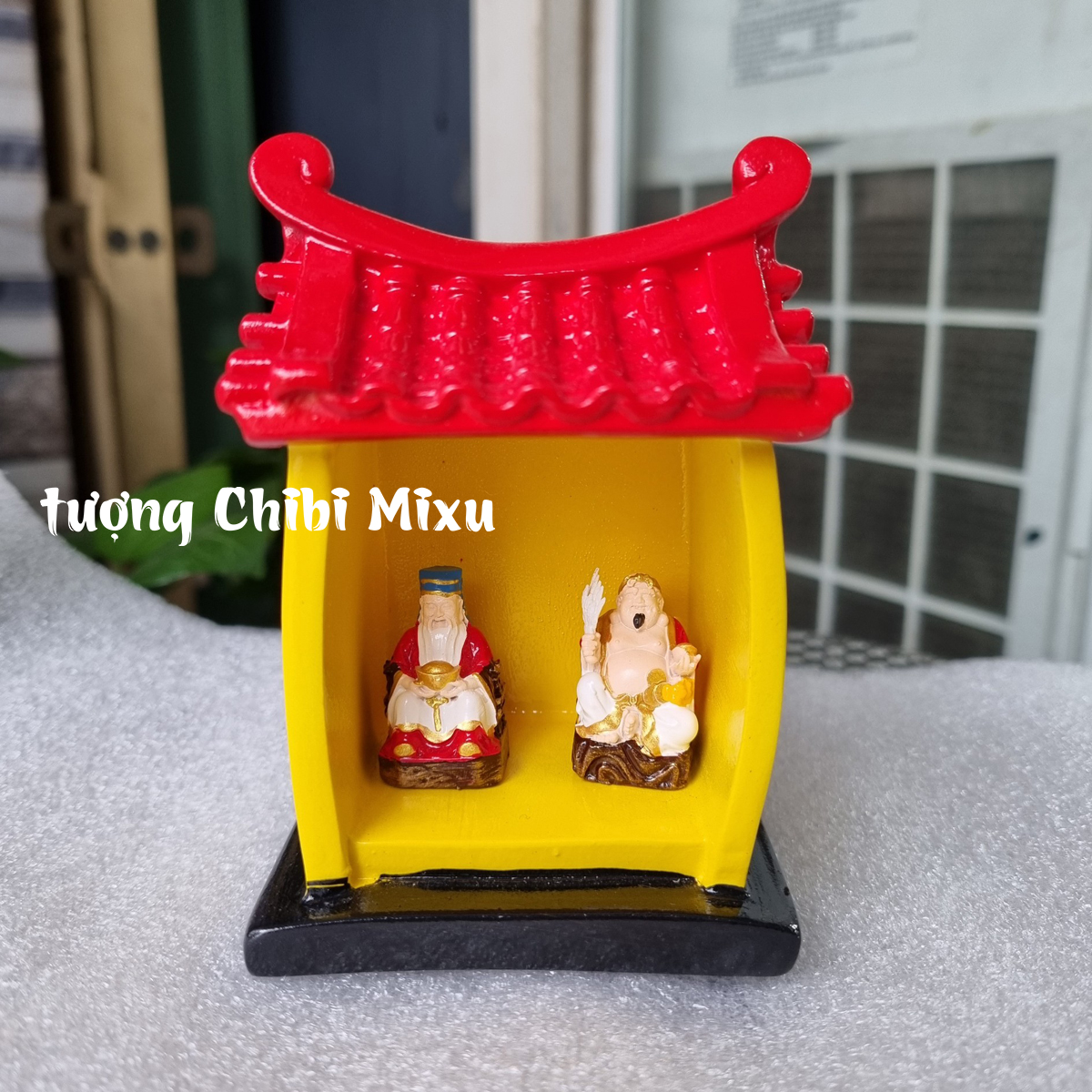 Mô hình Miếu thần tài - Thổ Địa mini kèm bình hoa, dĩa trái cây, 5 chum nước, lư Đồ trang trí Quà tặng Giàu có