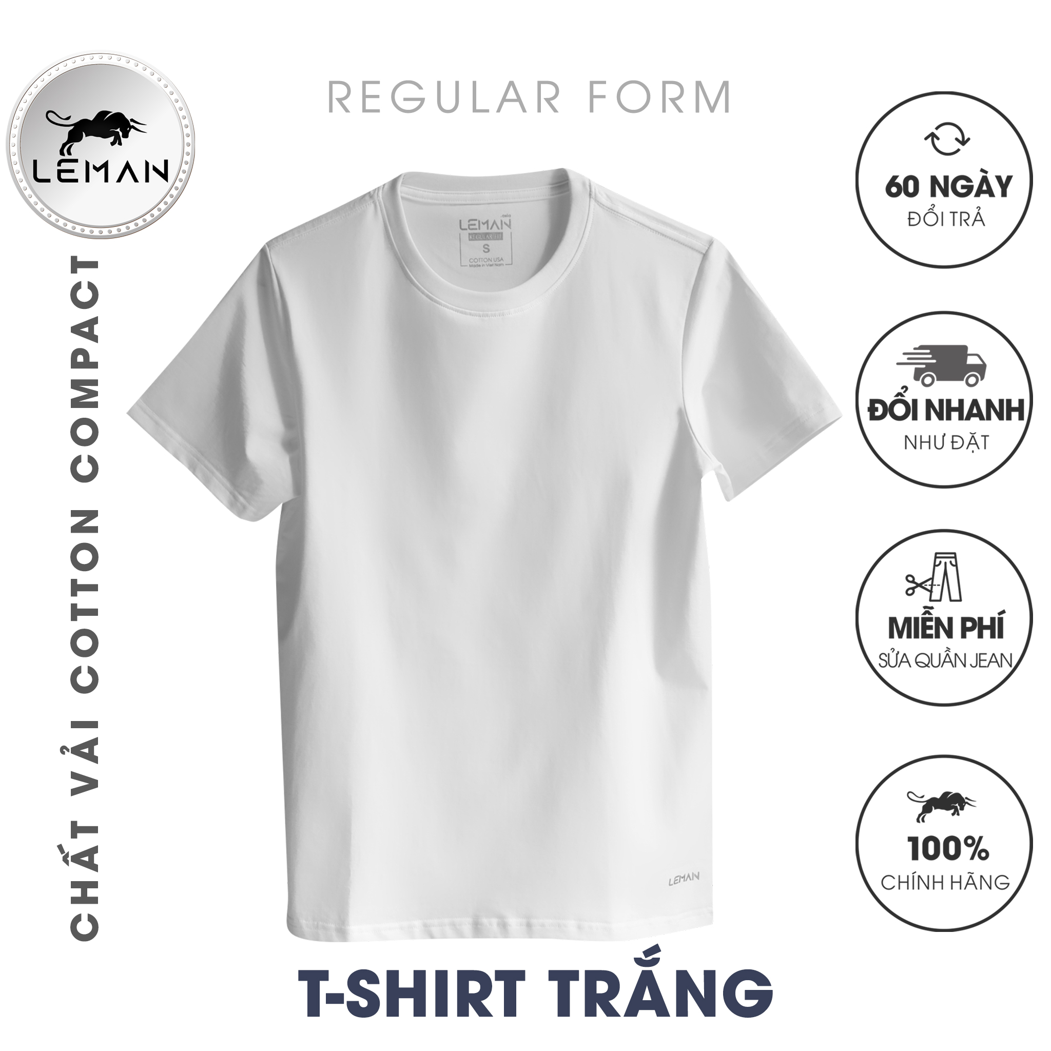 Áo thun nam T-Shirt Leman TS01 Cotton Compact màu trắng Regular Form