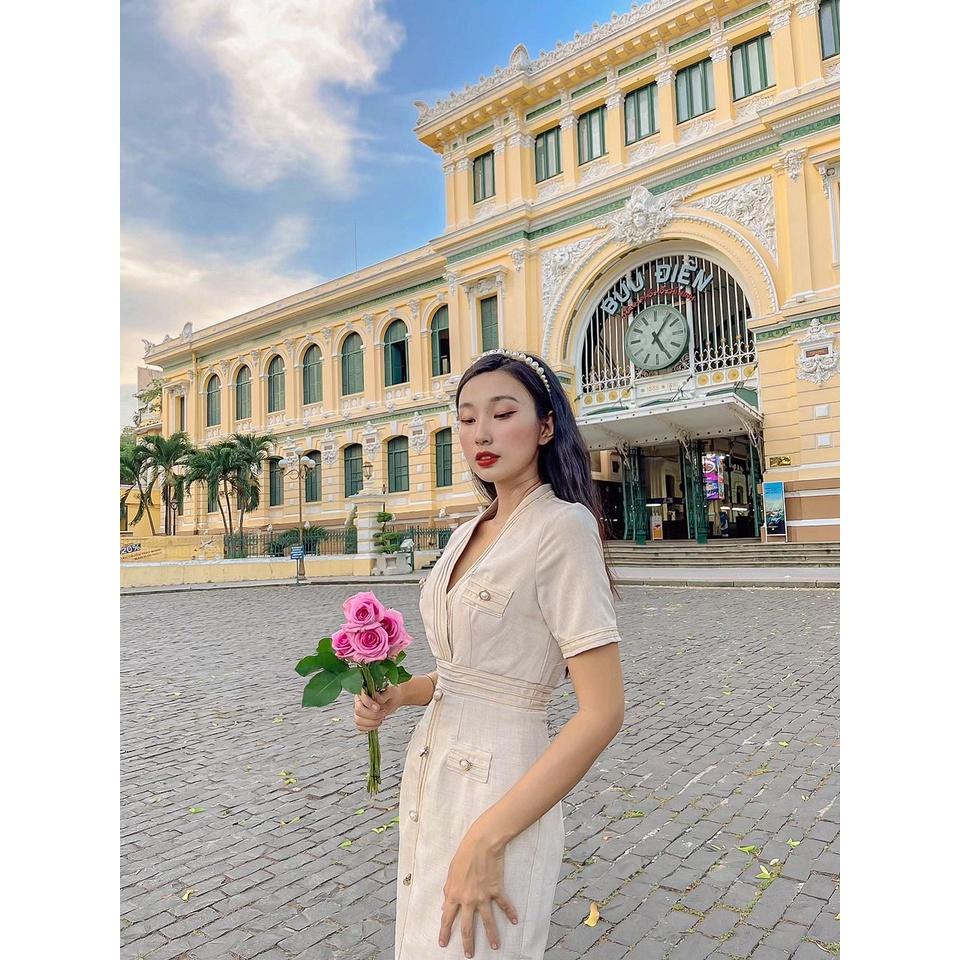 Heris Dress | Đầm body tay ngắn viền phối nút Story.clothes thời trang nữ Tết xinh