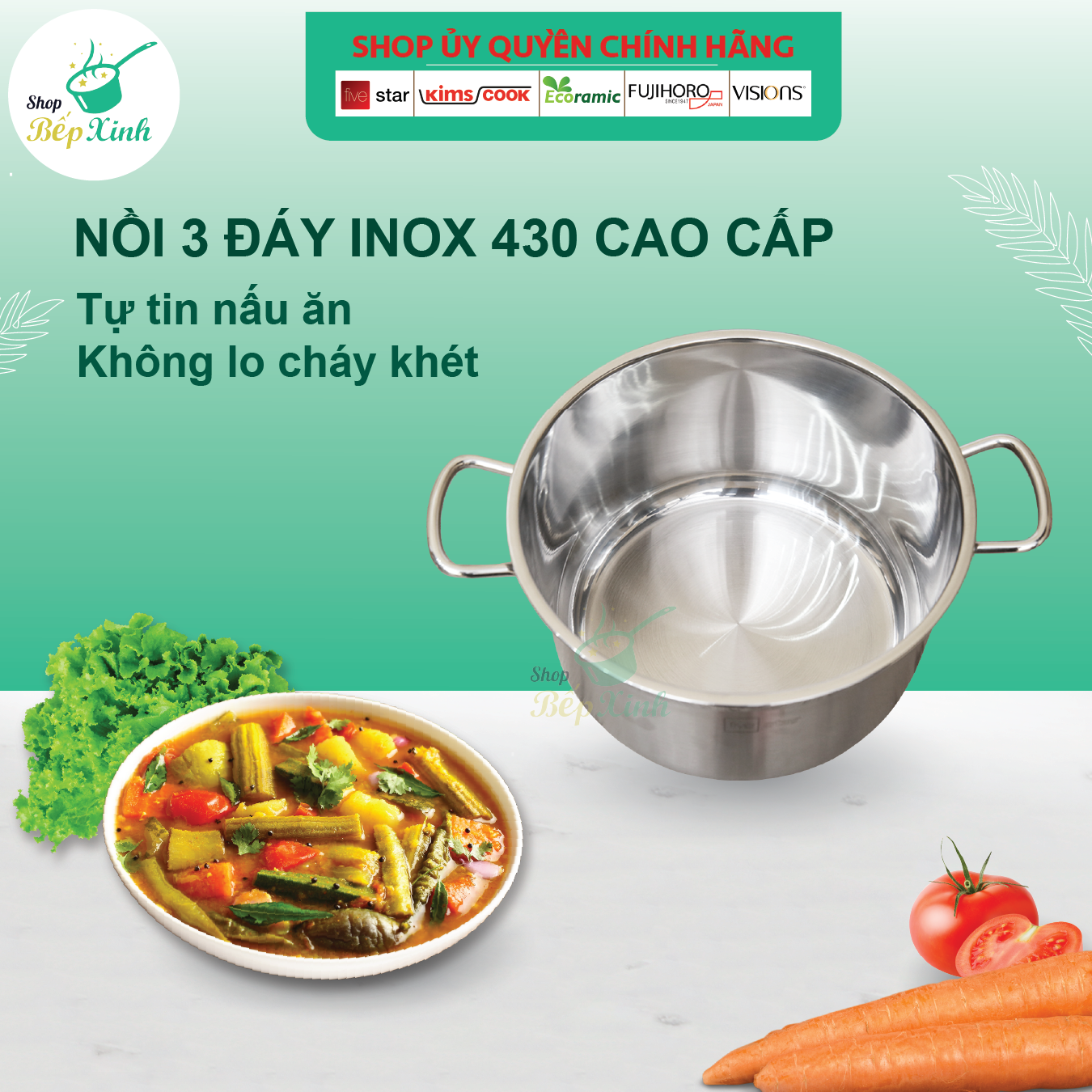 Nồi inox Fivestar 3 đáy từ nắp kính 18cm - tặng 1 vá canh