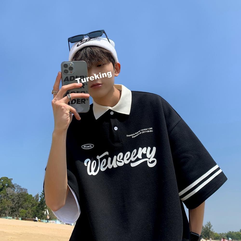 Áo Polo SEERY Dáng Rộng Nam Nữ Tay Phối Kẻ