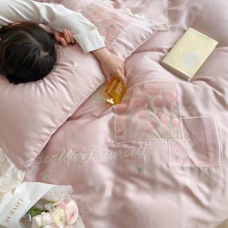 Bộ chăn ga gối hoạ tiết hoa Tulip chất liệu Tencel 60s 4 món