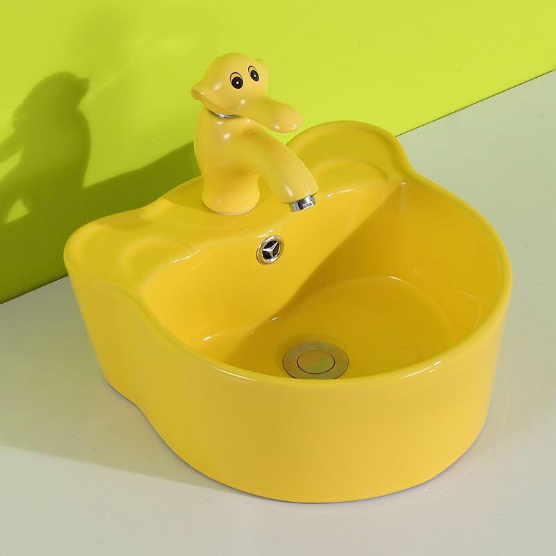 Bộ chậu rửa tay trẻ em hình tai gấu, kèm vòi lavabo hình con voi, màu vàng