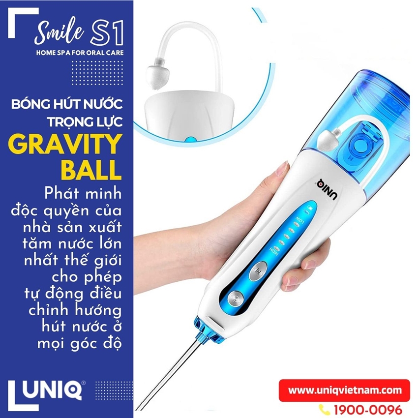 Tăm Nước Cầm Tay UNIQ Smile S1 Nhật Bản Cao Cấp Màu Trắng Xanh Máy Vệ Sinh Răng Miệng Mini Tốt May Tam Nuoc Waterpik Gia Đình Không Dây Xịt Xỉa Rửa Làm Sạch Kẽ Răng Niềng