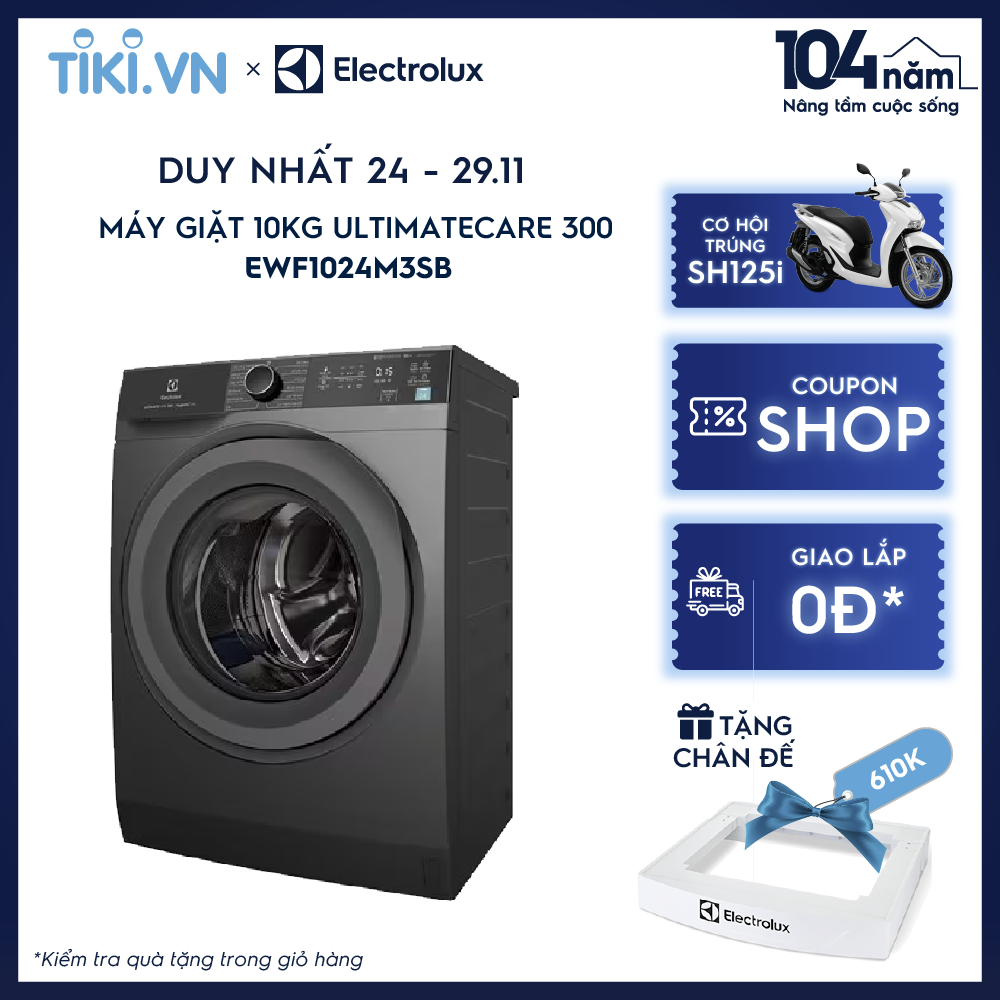 Máy giặt cửa ngang Electrolux 10kg UltimateCare 300 EWF1024M3SB - Xám đen Onyx diệt 99.9% vi khuẩn, giảm dị ứng, Tiết kiệm điện