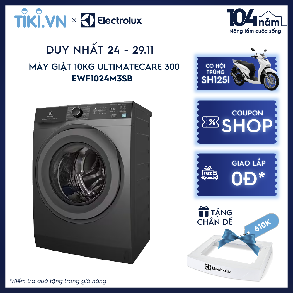 [Free Giao lắp] Máy giặt cửa ngang Electrolux 10kg UltimateCare 300 EWF1024M3SB - Xám đen Onyx diệt 99.9% vi khuẩn, giảm dị ứng, Tiết kiệm điện [Hàng chính hãng]