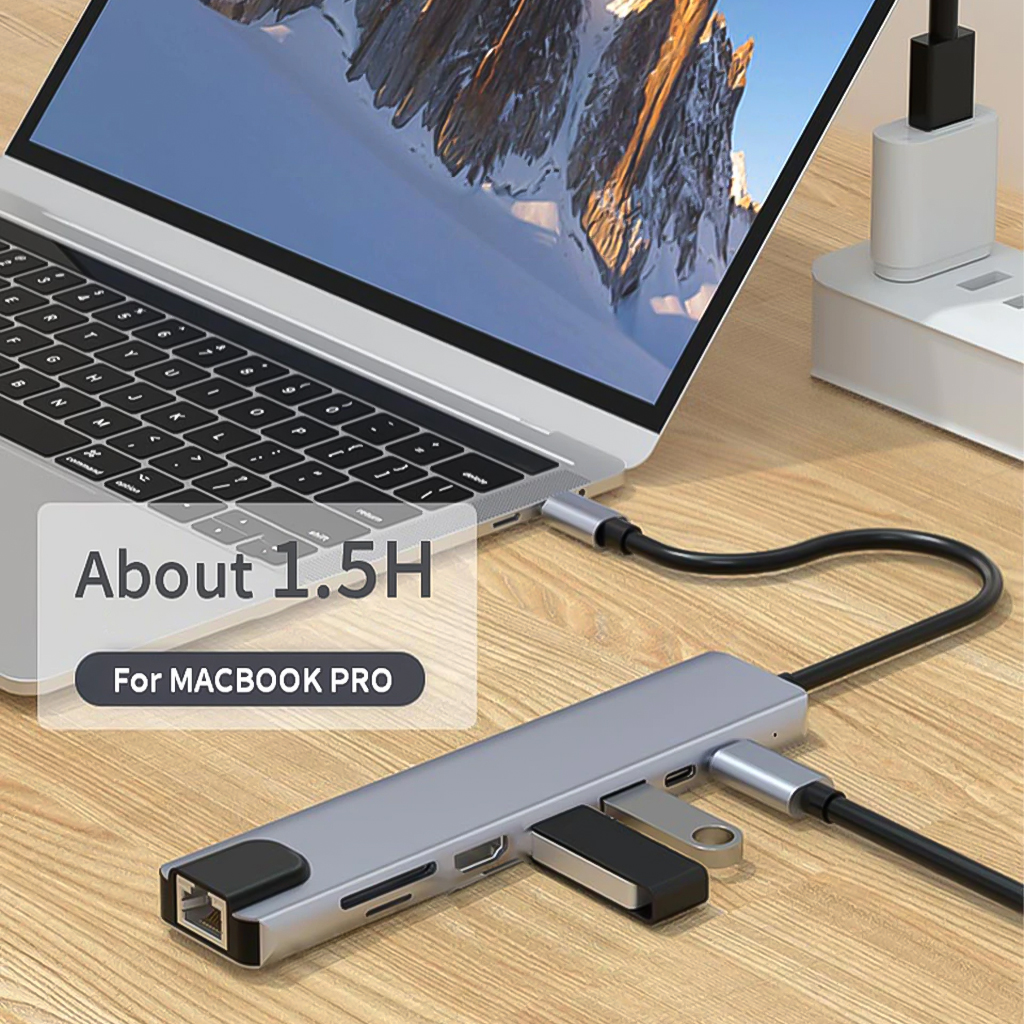 Vinetteam Hub USB TYPE-C 8 Cổng HDMI 4K 60Hz/ USB 3.0/ TF/ SD/ RJ45 100Mbps Dành Cho Macbook, PC Và Devices - Hàng Chính Hãng