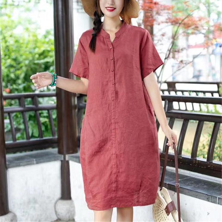 Đầm suông linen cổ trụ túi bổ trước - Cam đất