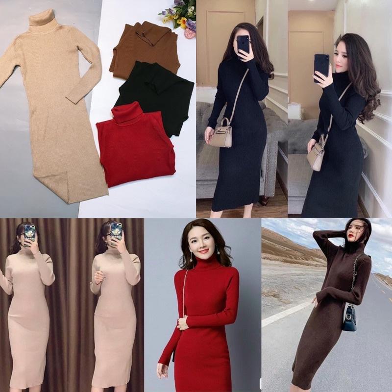 Đầm len body cổ lọ dáng dài qua gối hàng QCL1