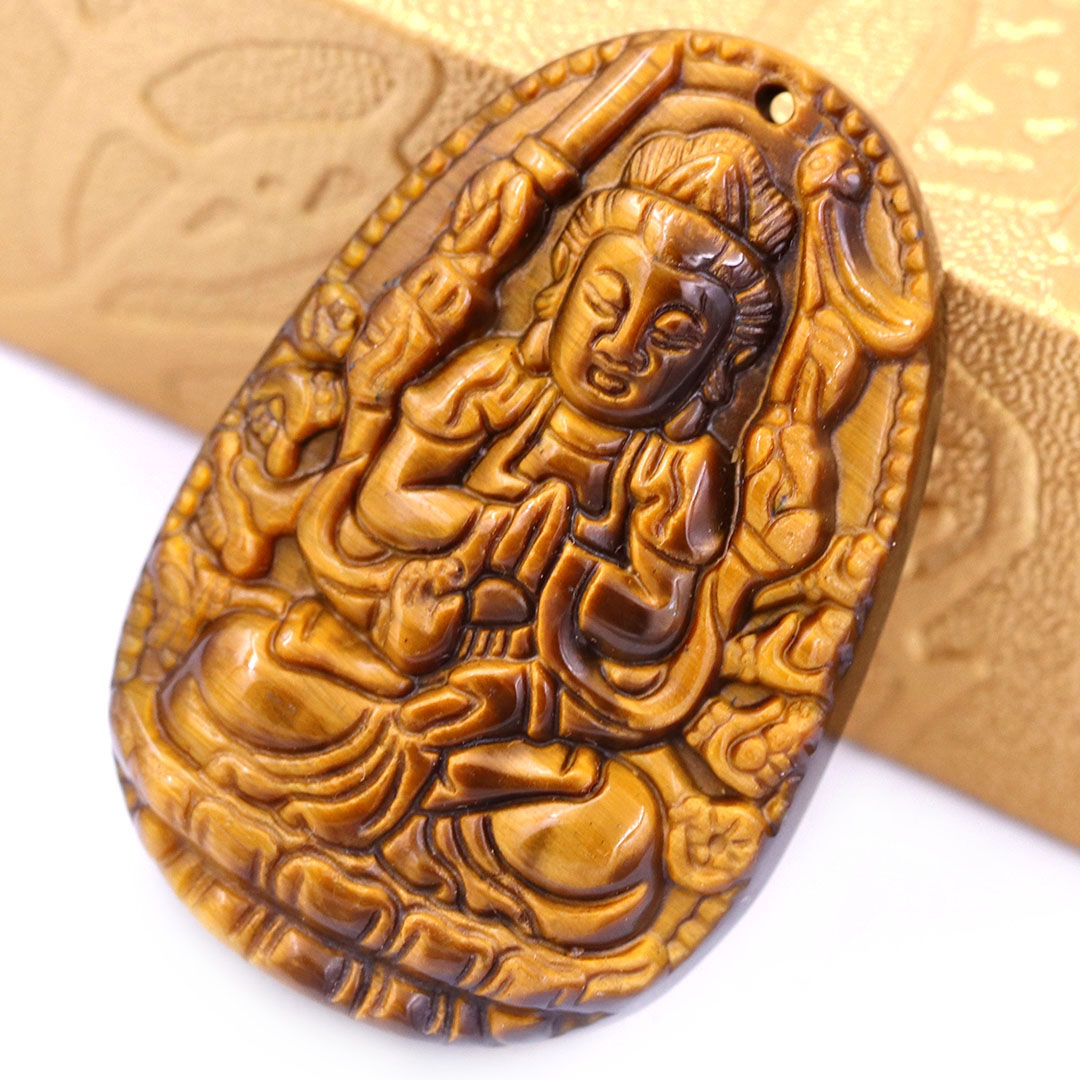 Mặt Phật Thiên thủ thiên nhãn đá mắt hổ 3.6 cm kèm móc và vòng cổ dây cao su nâu, Mặt Phật bản mệnh, Quan âm nghìn tay nghìn mắt