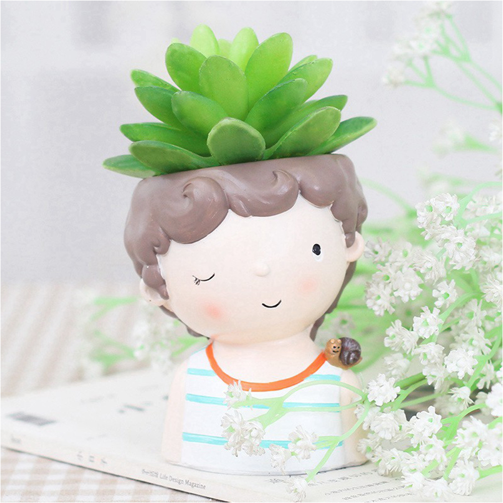 Chậu Cây Sen Đá Xương Rồng Hình Cậu Bé Tóc Xoăn Và Chú Chim Đậu Trên Vai Trang Trí Bàn Làm Việc