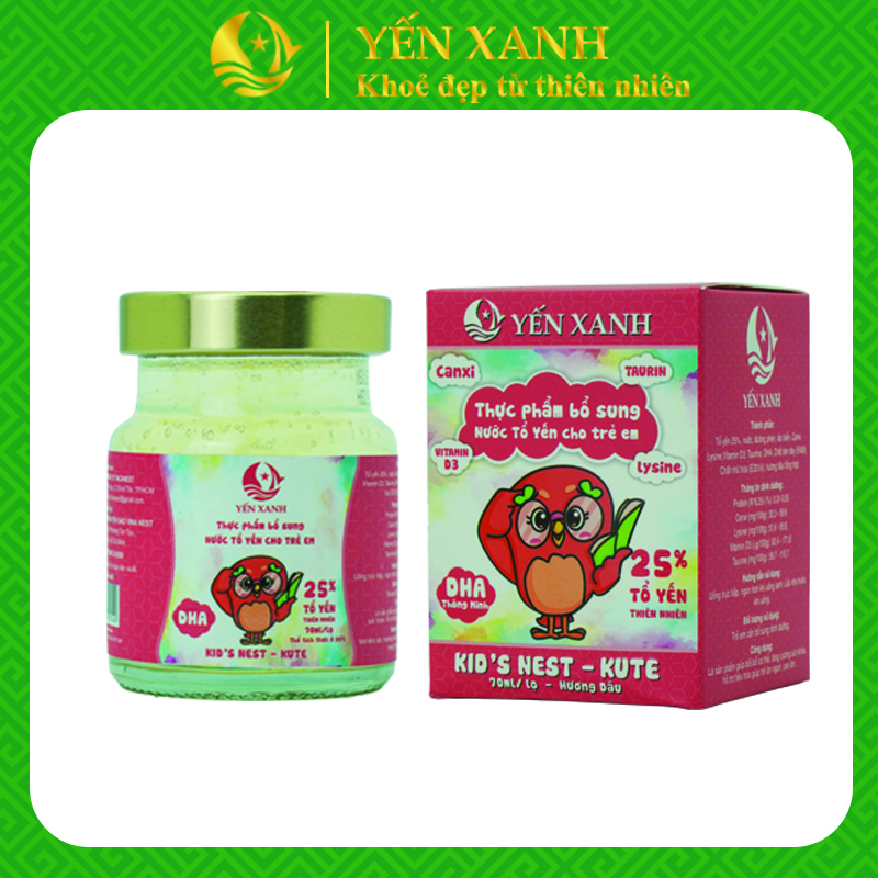 25% tổ yến - Thực phẩm bổ sung: Nước tổ yến chưng dành cho trẻ em Kid's nest - Kute hương dâu - YẾN XANH - Hộp 1 lọ x 70ml