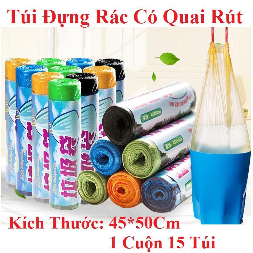 Cuộn 15 túi đựng rác có dây rút tiện lợi. Rẻ - Tiện Lợi - Nhiều Màu 45x50cm