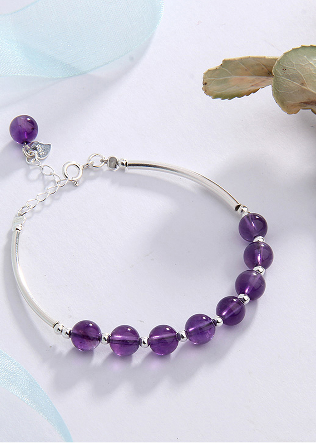 Vòng tay đá thạch anh tím phối charm ống bạc mệnh hỏa, thổ - Ngọc Quý Gemstones