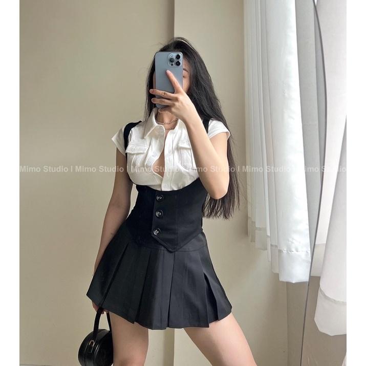 Thun cổ sơ mi tay ngắn phối túi - Gile đen