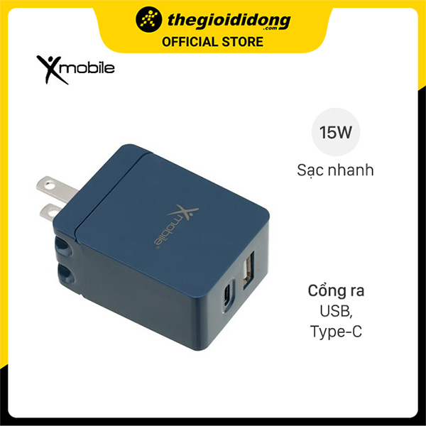 Adapter sạc 2 cổng USB Type C 15W Xmobile DS165-NB Xanh Navy - Hàng Chính Hãng