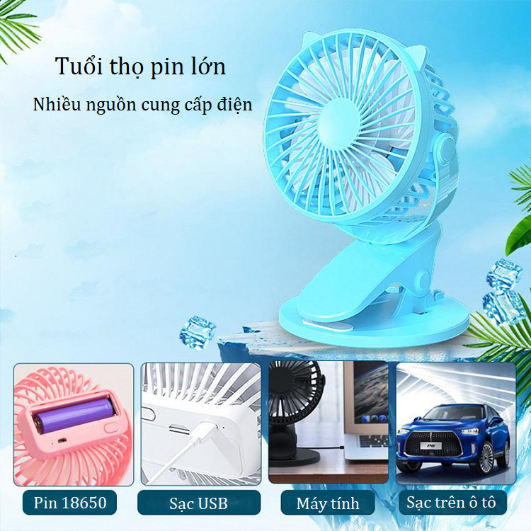 Quạt tích điện mini siêu mát để bàn hoặc kẹp bàn, sử dụng pin sạc 18650 ( Tặng kèm 04 móc treo tường 3D ngẫu nhiên )