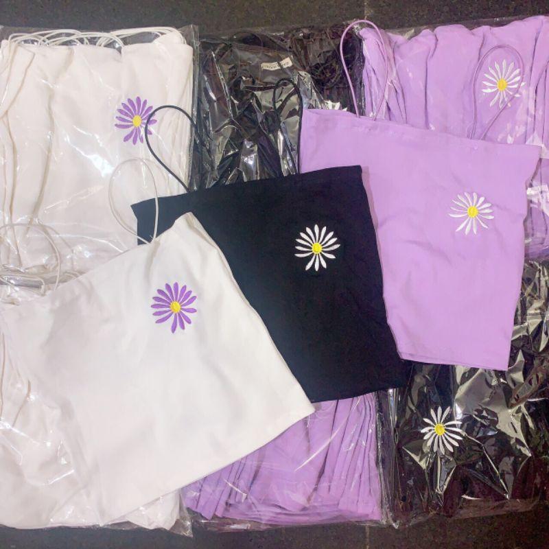 Áo 2 Dây Bún Dáng Croptop Thêu Hoa Cúc Màu Tím, Trắng, Đen LH91